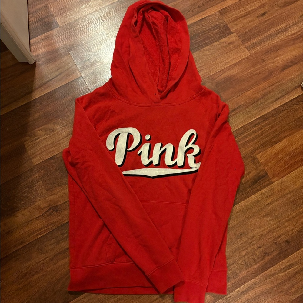 Red Hoodie with 'Pink' Logo